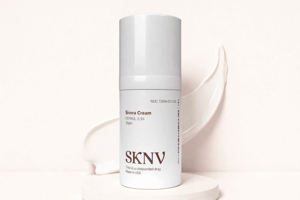 SKNV Sivora Cream bottle with applicator on white platform - estriol-based prescription skincare